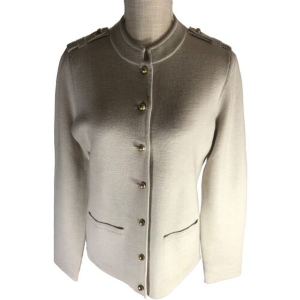 Talbots Beige Merino Wool Gold Button Collared Knit LS Sweater Medium